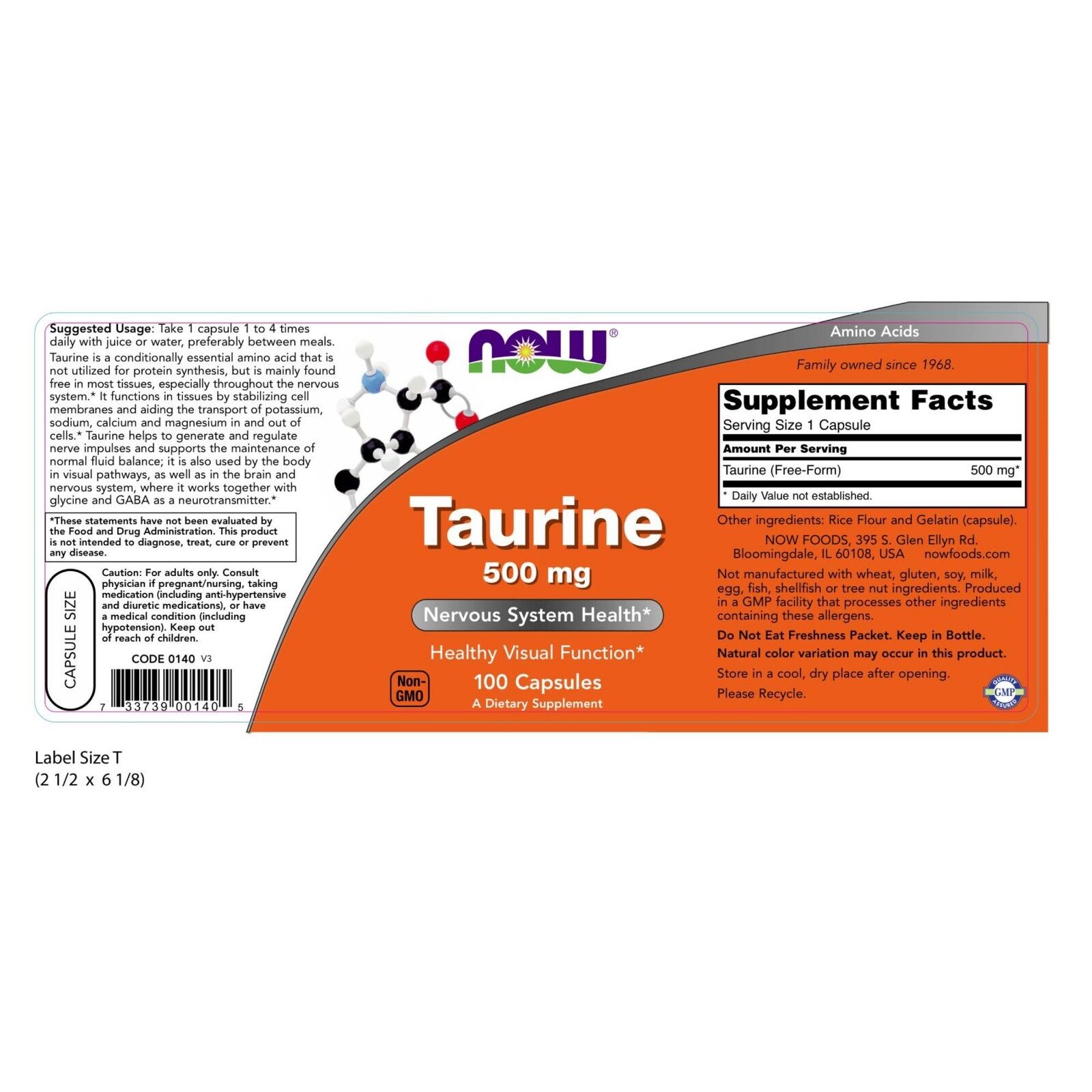 NOW Foods Taurine, 500 mg, 100 Capsules 24Hr Smart